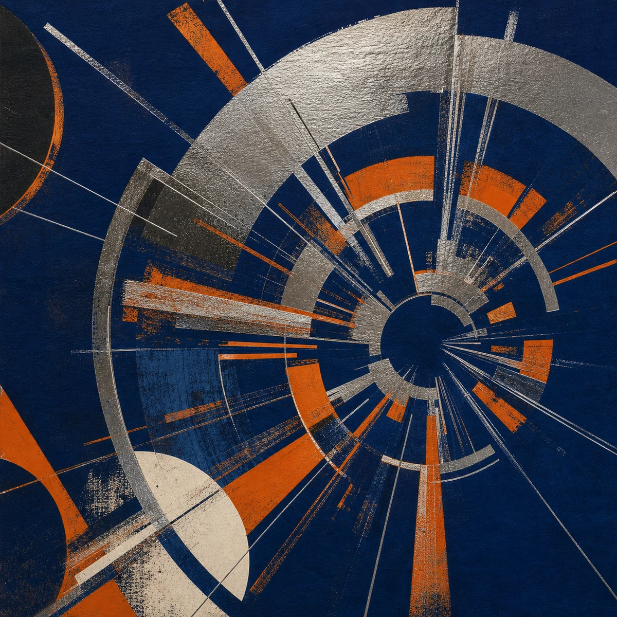 Geometric firework print in metallic silver, orange, and deep blue