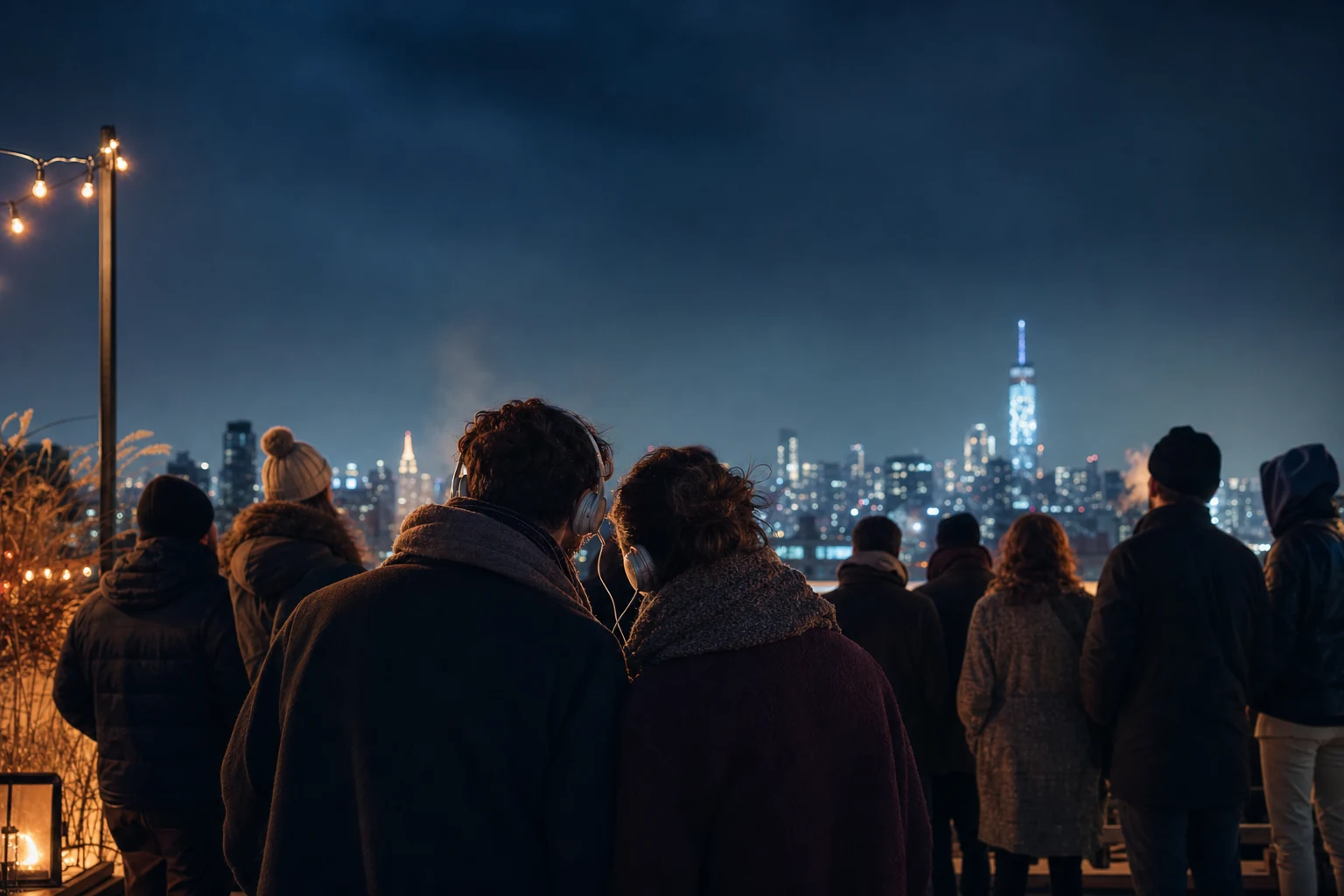 Back-view crowd waiting for midnight on a city rooftop