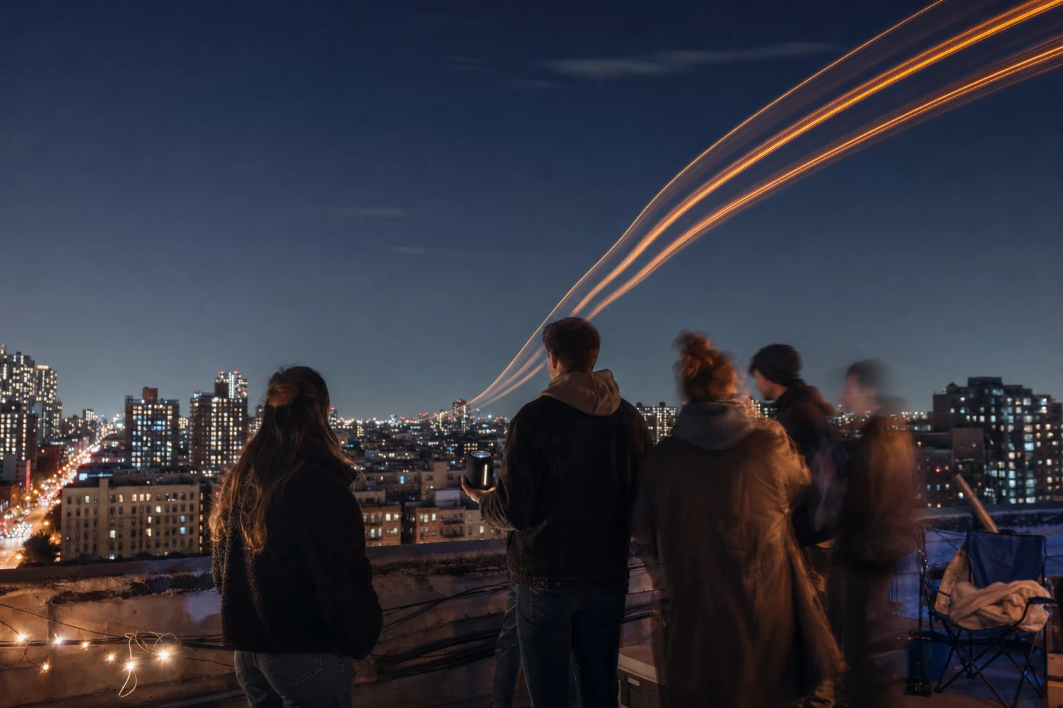 Long-exposure city rooftop on New Year's Eve in ultramarine, silver, and burnt orange