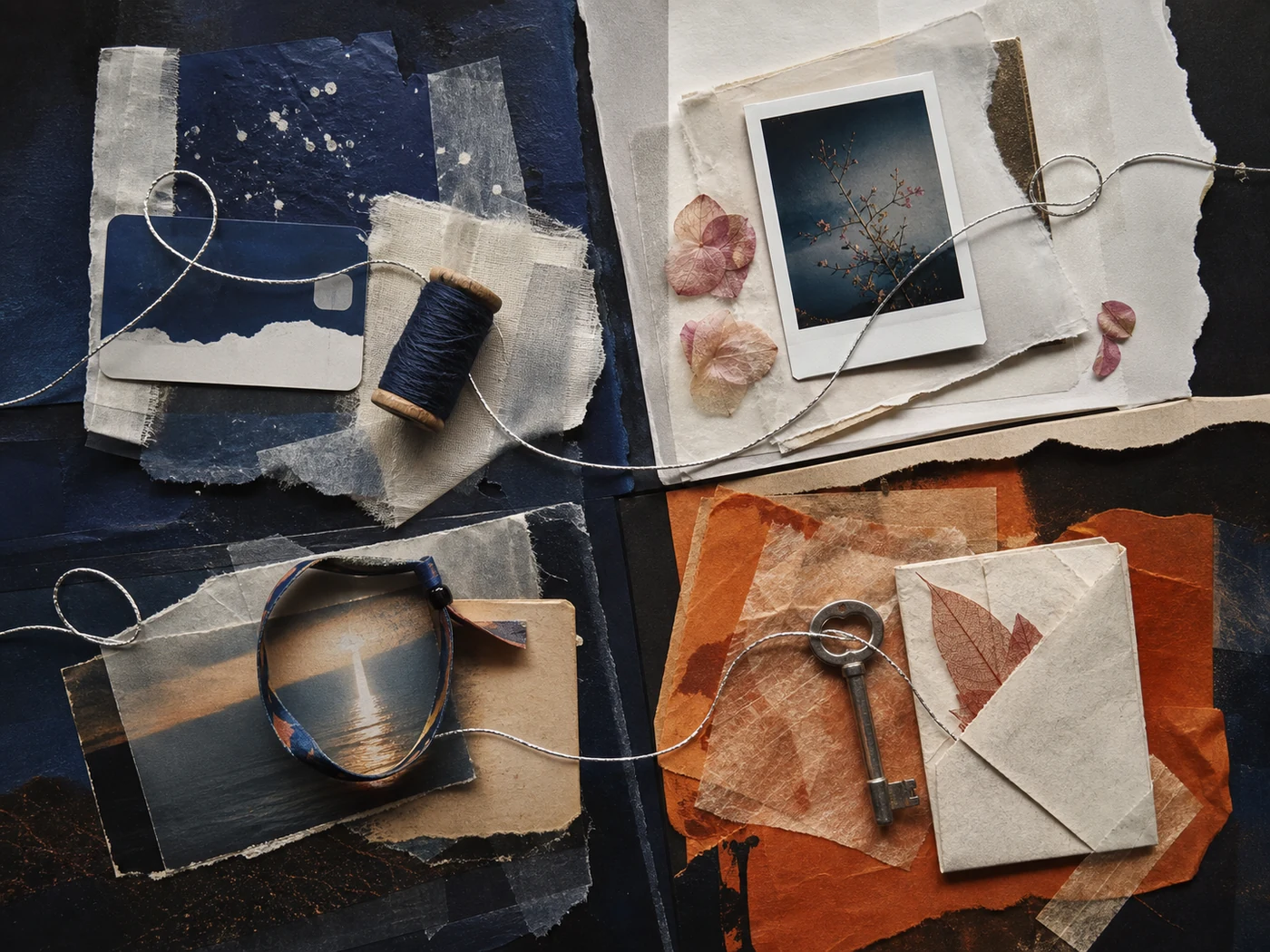 Assemblage of calendar fragments, transit objects, and four keepsakes from a year