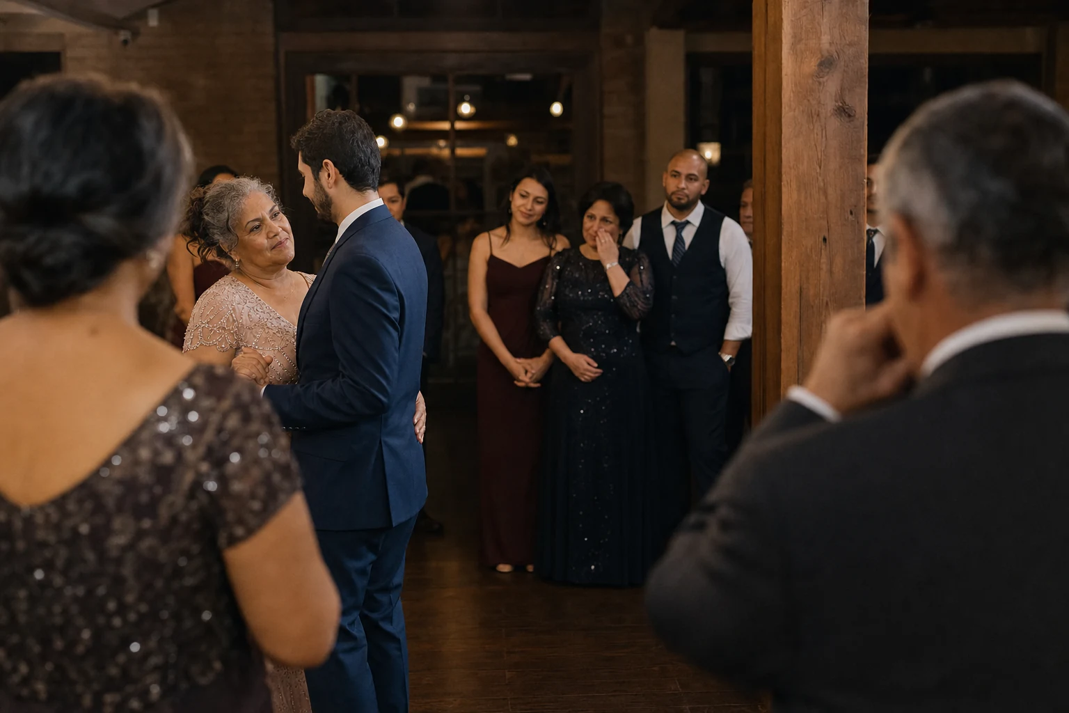 Family members watching a parent dance from the edge of a softly lit wedding floor