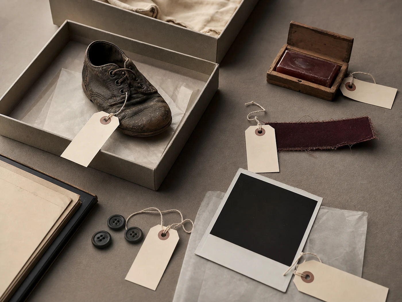 Childhood shoes, buttons, photographs, and a wedding fabric swatch in an archival still life