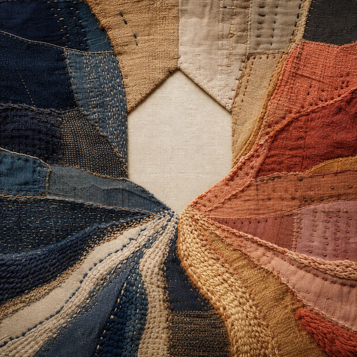 Layered woven textile collage of two paths forming one home