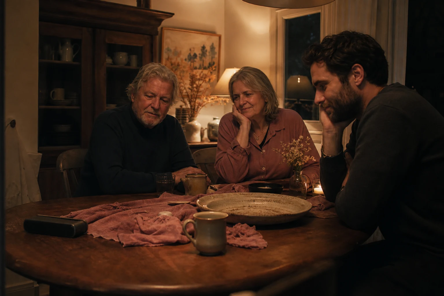 Quiet family-dinner listening moment in amber light with dusty-rose details