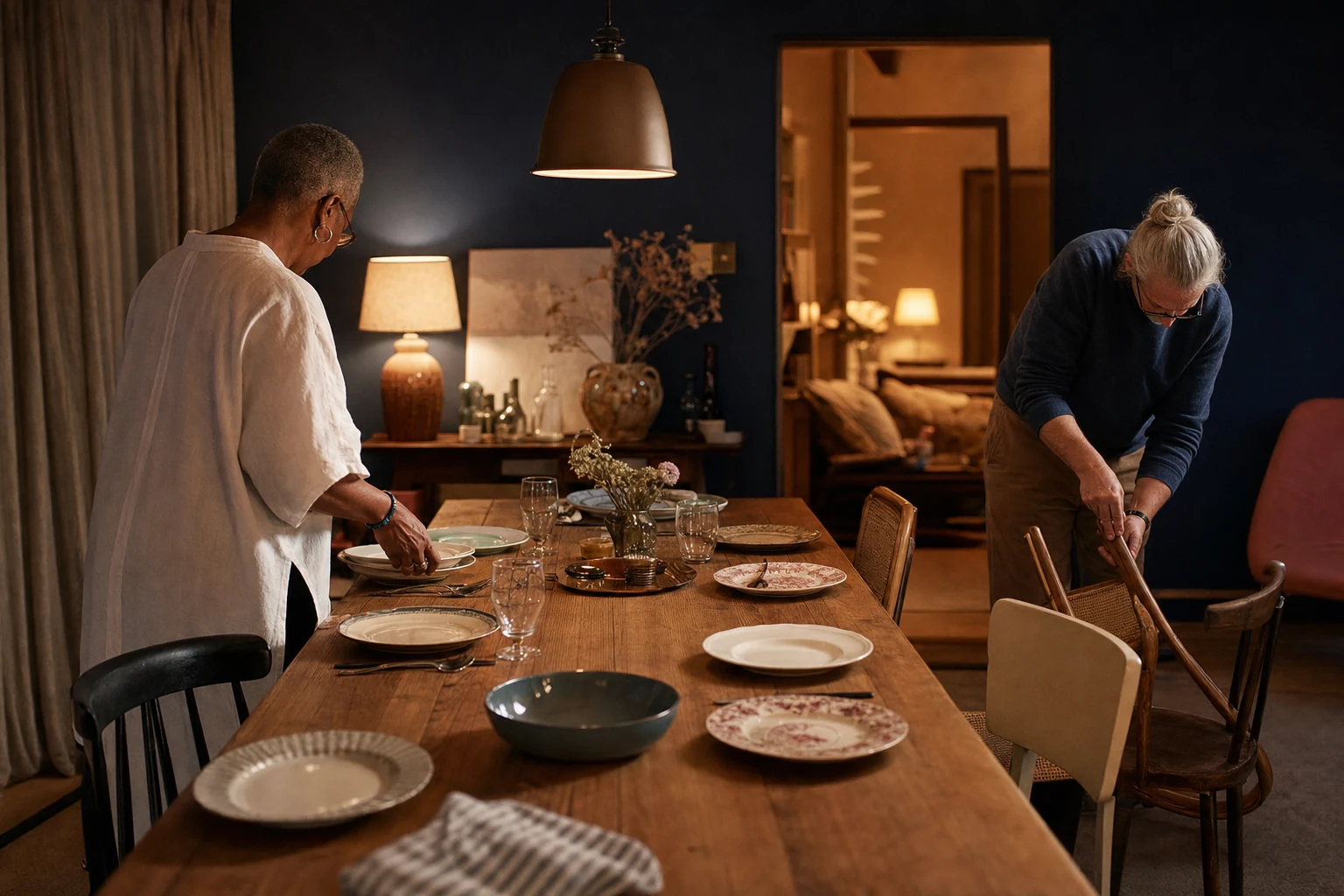 Medium-format domestic portrait of two parents seen in an ink-blue and amber family space