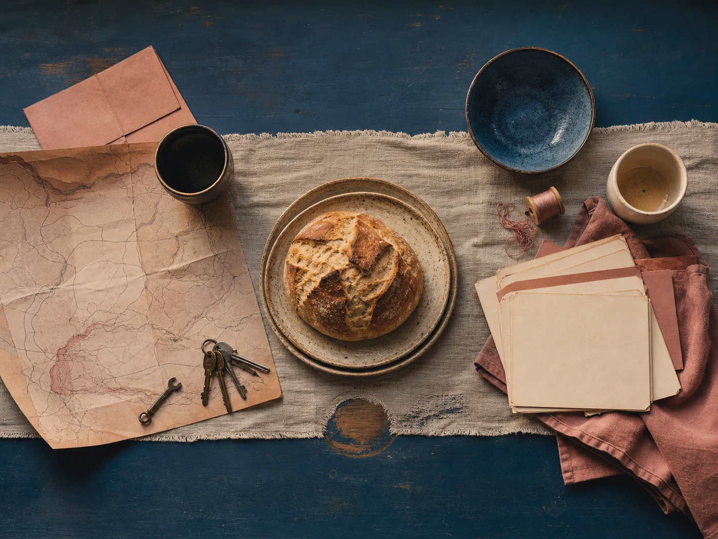 Table still life where two distinct groups of family objects meet around one shared ritual