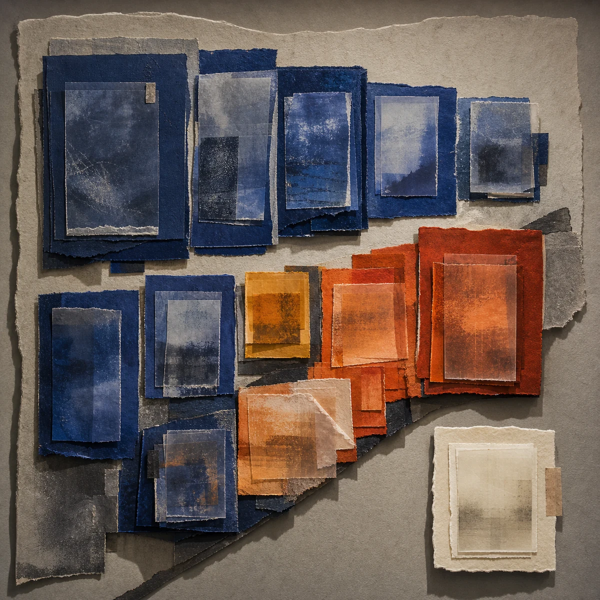 Abstract mosaic of staggered paper frames in ultramarine, amber, gray, and burnt orange