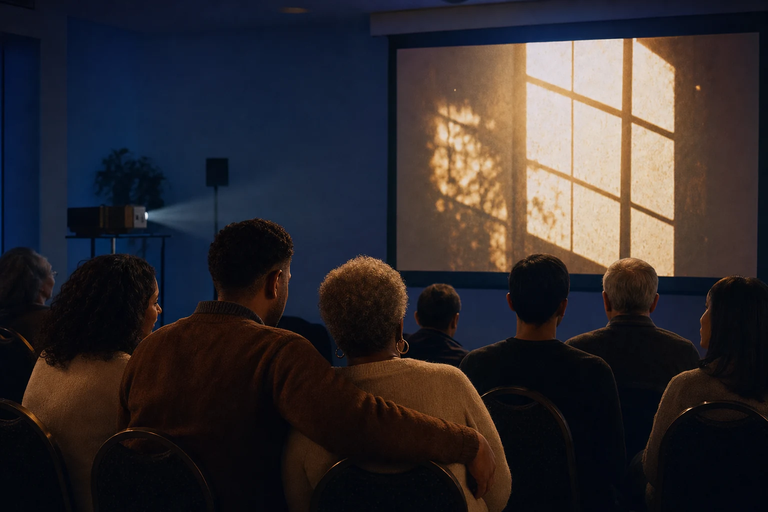 Family and friends quietly watching a projected photo montage