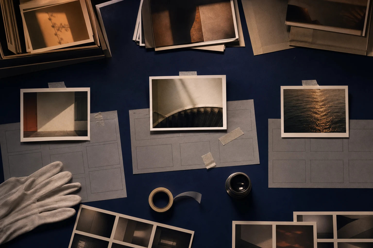 Photo montage editing table seen from above in ultramarine, amber, and paper gray