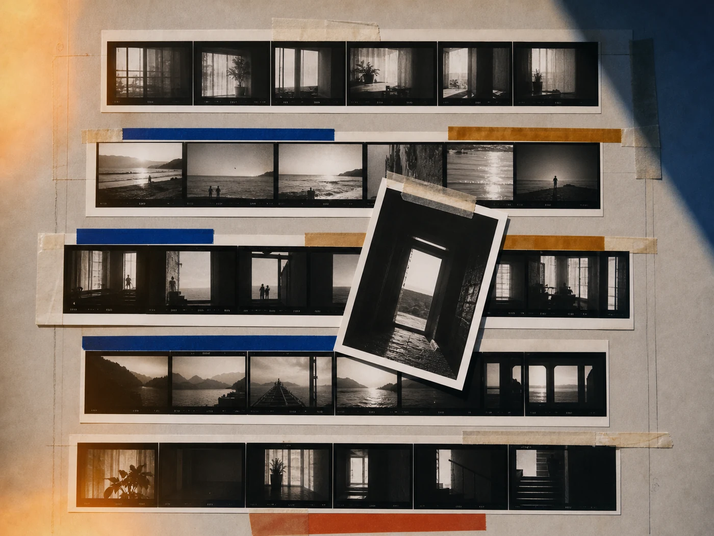 Contact sheets, tape, time marks, and selected photographs arranged as a visual timeline