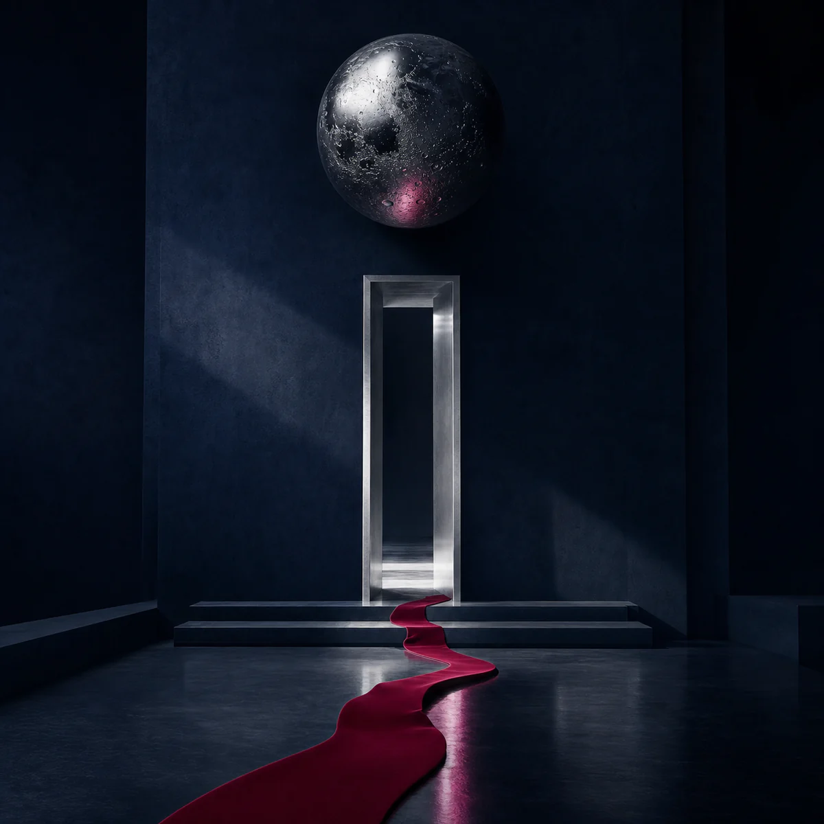 Minimal surreal doorway beneath a silver moon with a restrained crimson accent