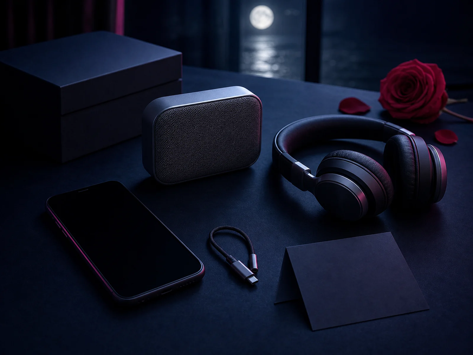 Moonlit still life of a phone, speaker, headphones, and a discreet ring box shadow