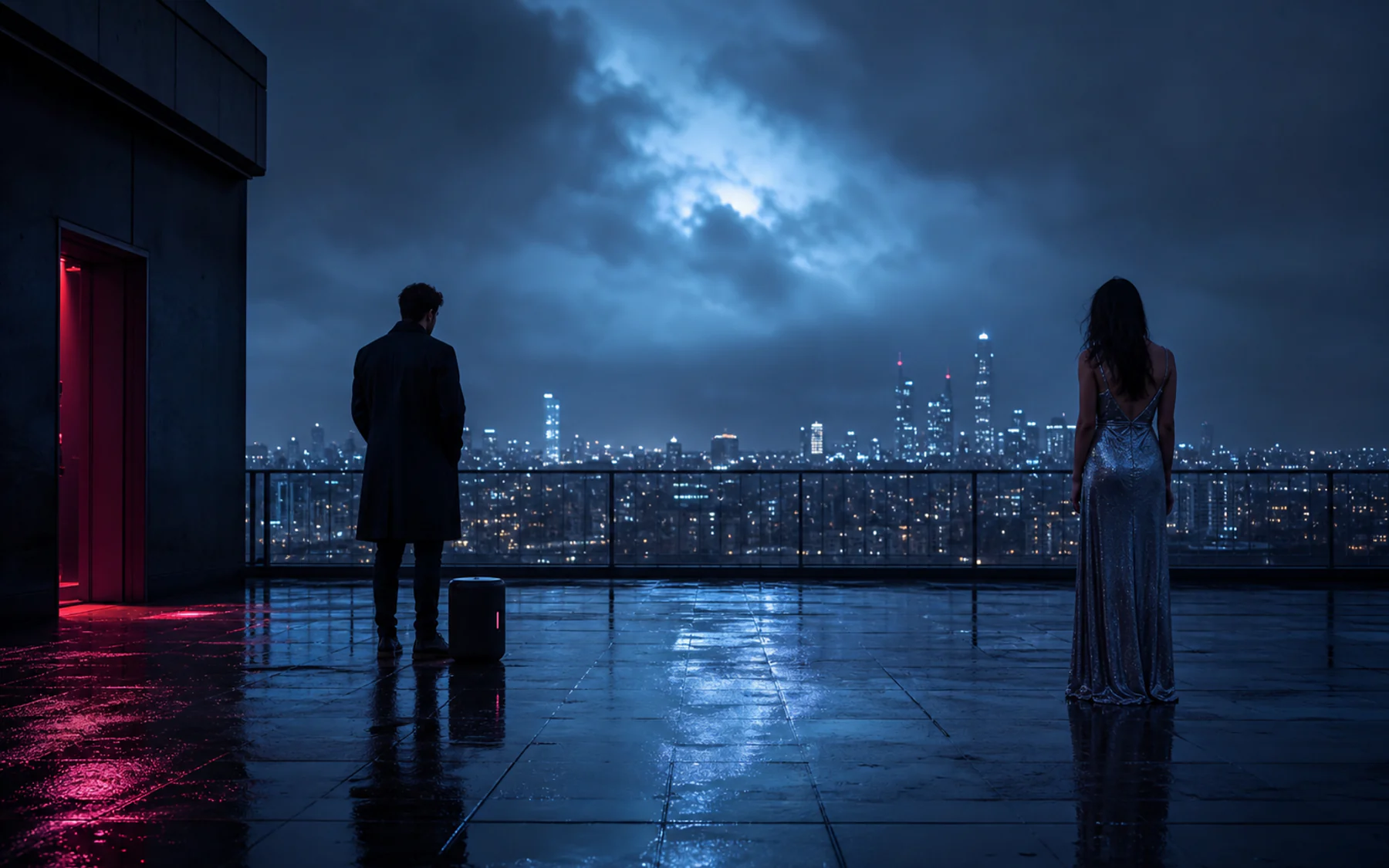 Nocturnal cinematic proposal setting in electric blue and magenta light