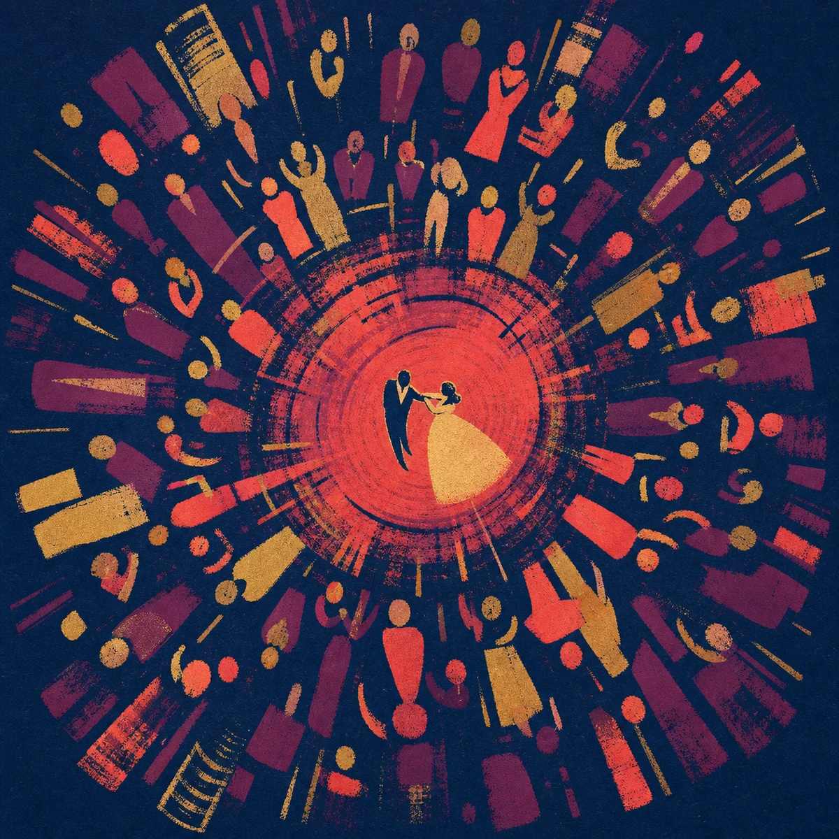 Radiating dance-floor screenprint in midnight blue, hot coral, and brass