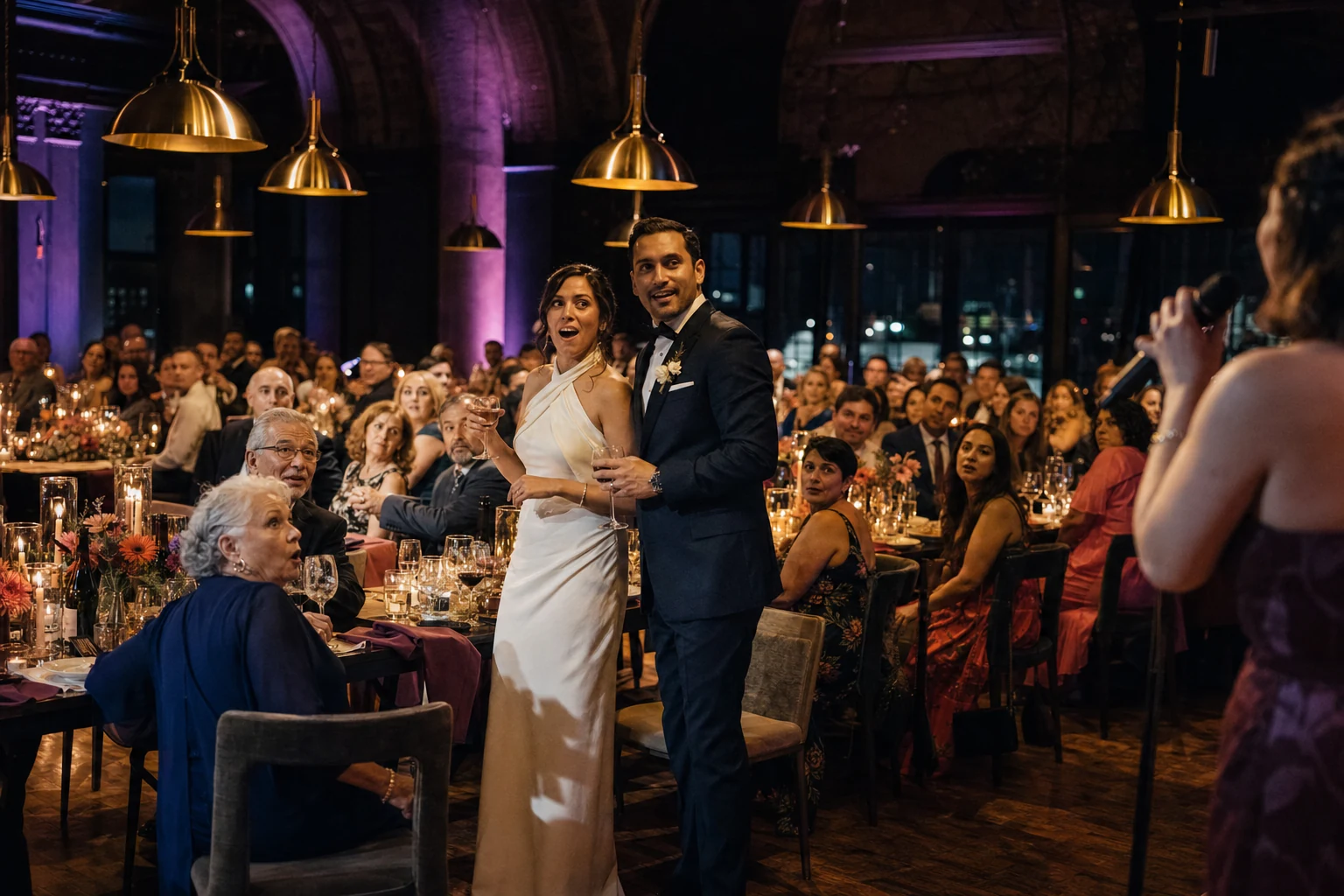 Wide-angle wedding reception surprise in plum, brass, and midnight blue