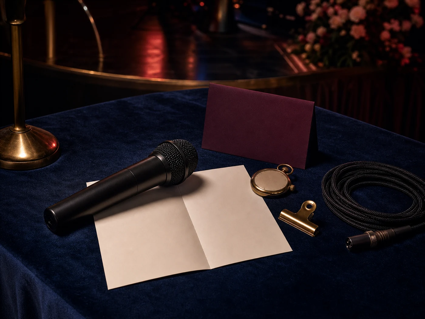 Microphone, cue sheet, table card, and timing notes arranged for a wedding reception