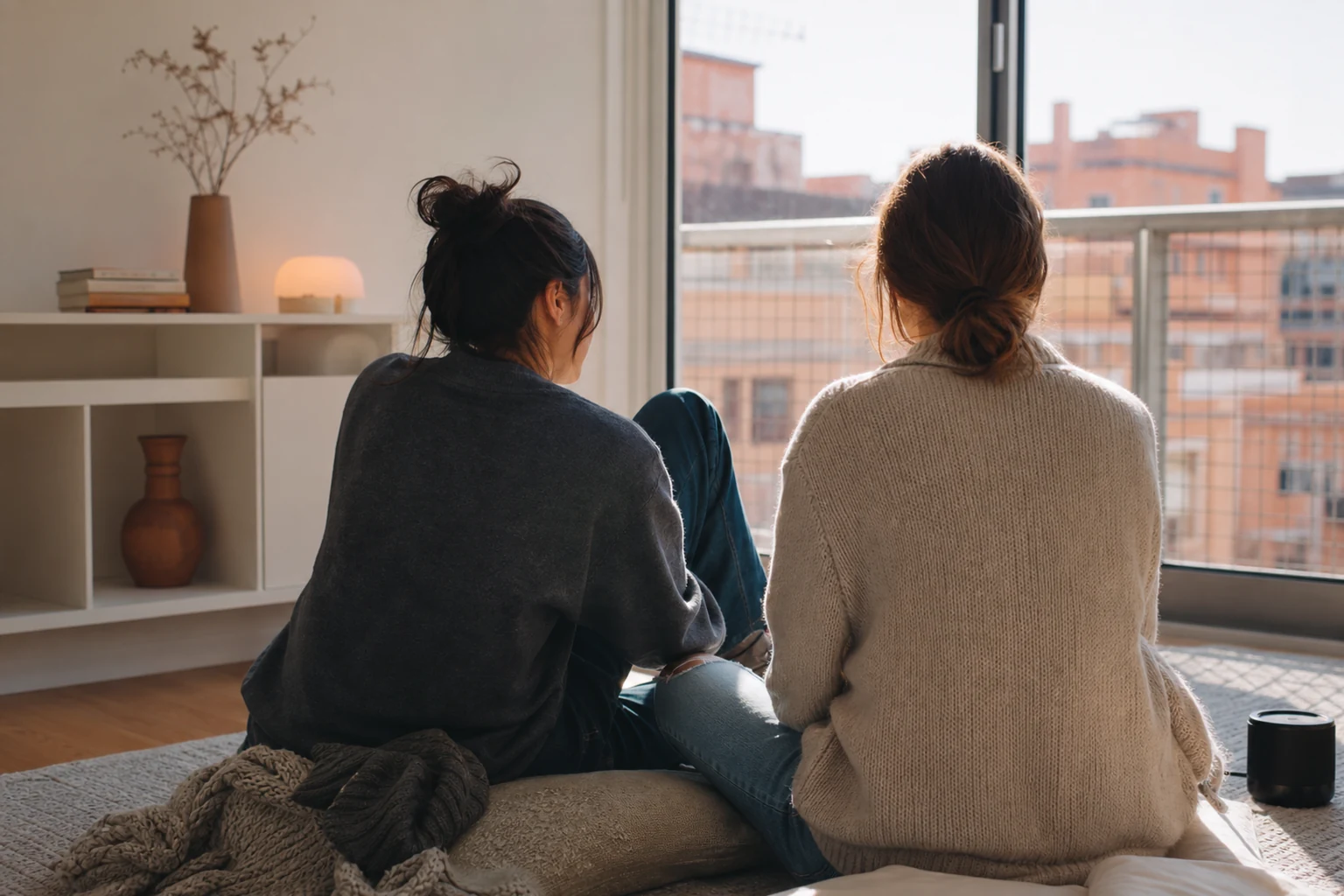 Two friends sitting quietly together while a personalized recovery song plays nearby