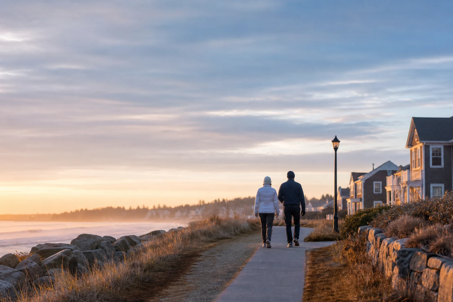 Soft documentary photograph of a slow morning walk during recovery in blue, terracotta, and warm white