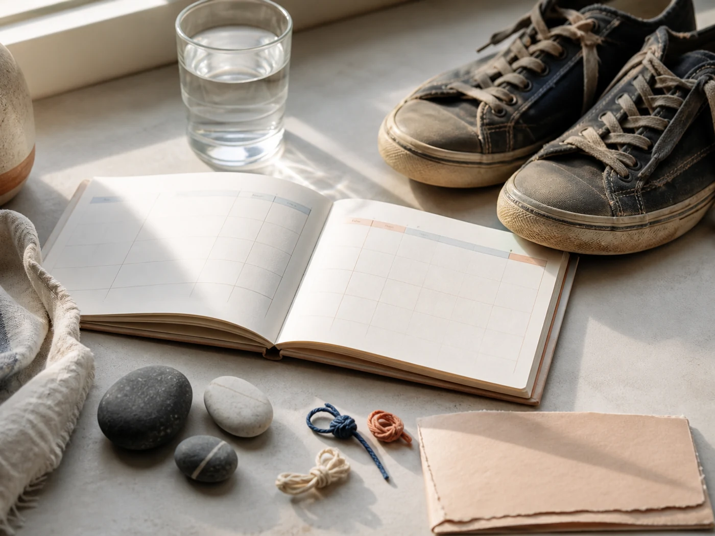 Practical still life of worn walking shoes, a calendar, water glass, folded note, and small milestone tokens