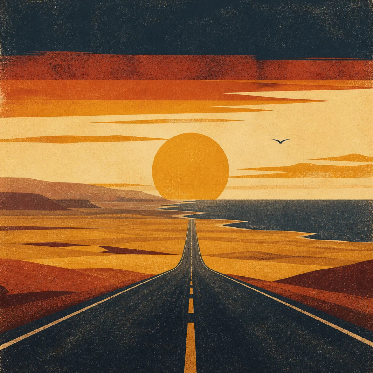 Vintage travel-poster horizon suggesting an open next chapter