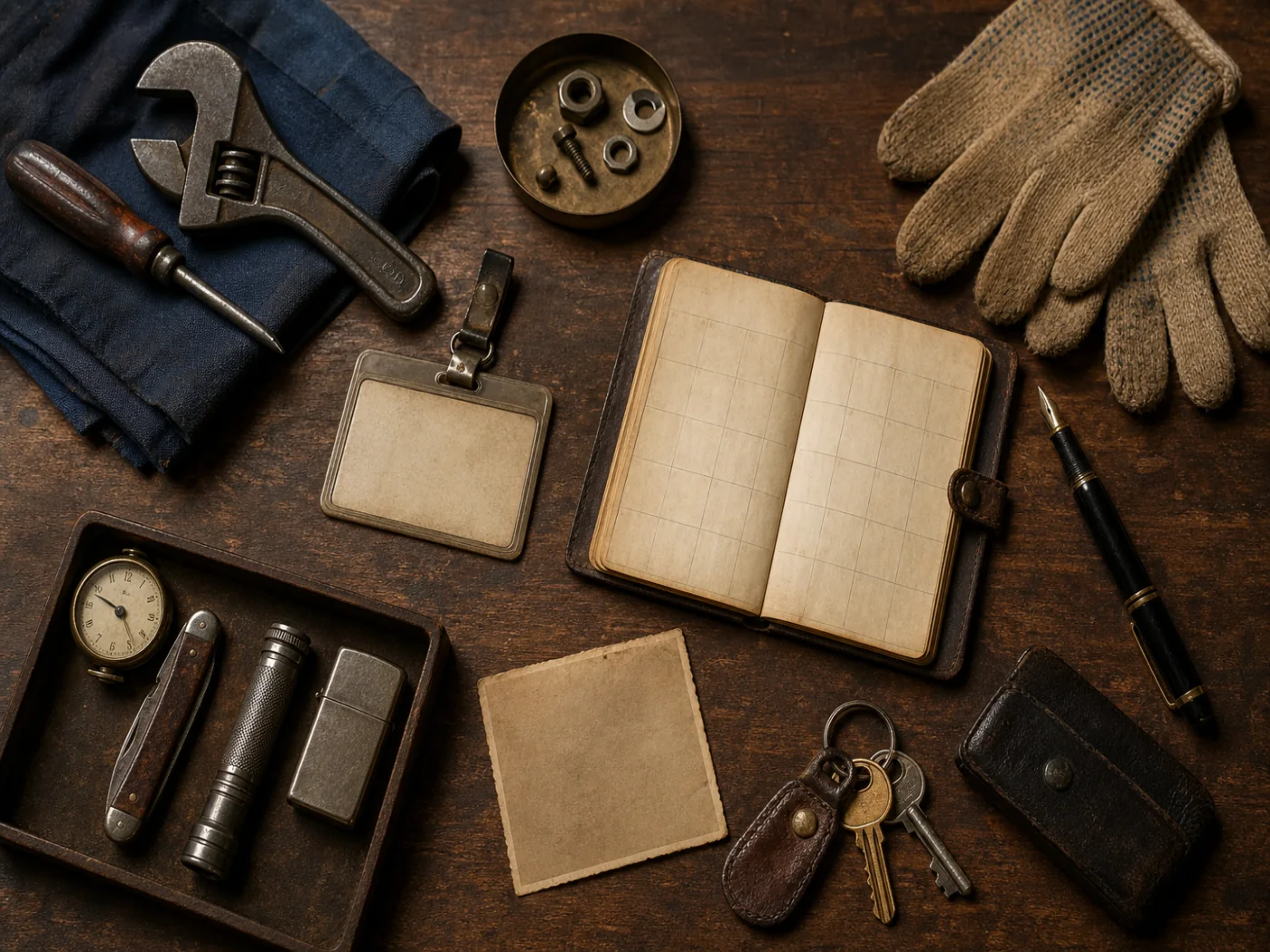Occupational still life of worn tools, an identification card, and an old work calendar