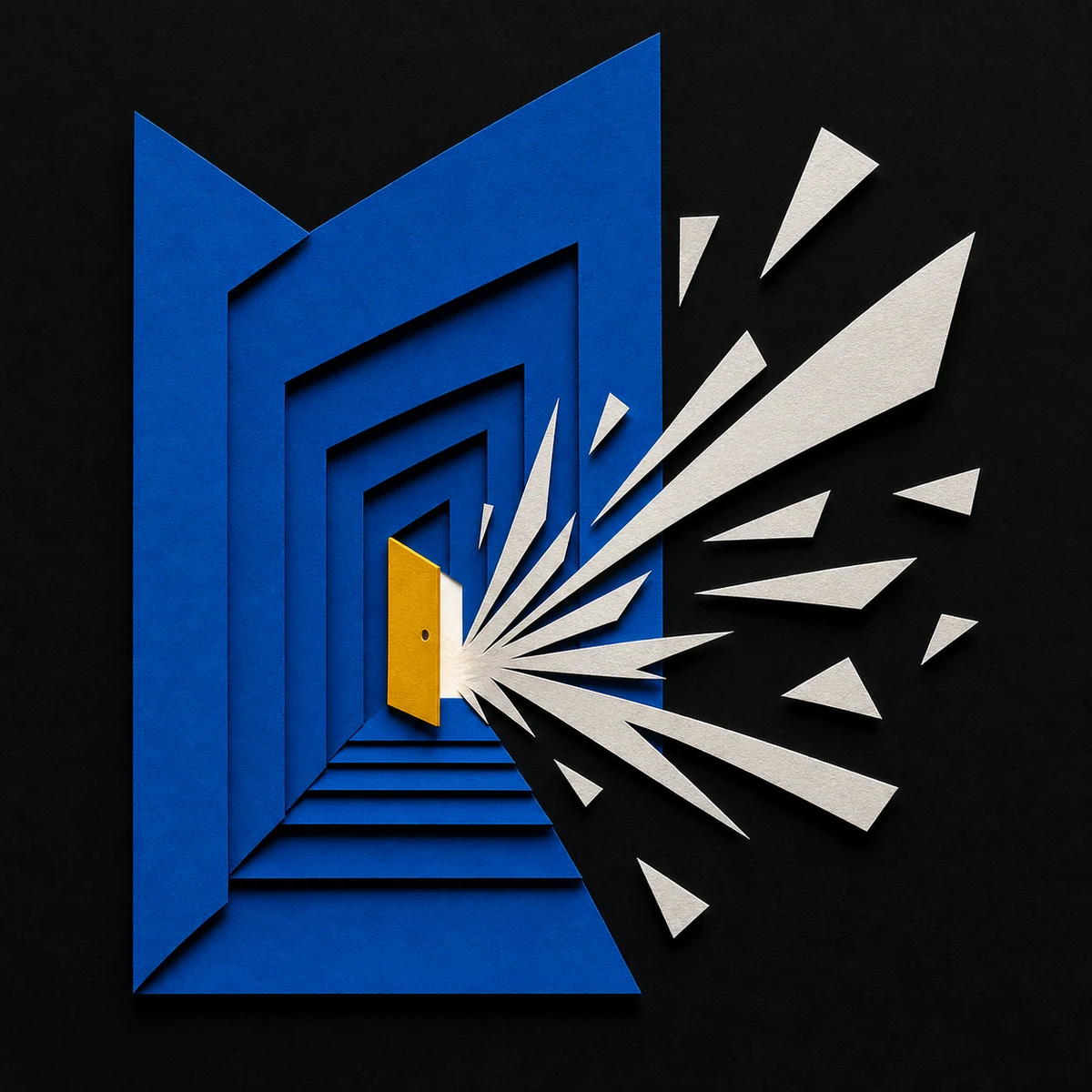 Cut-paper doorway opening into radial electric-blue, yellow, black, and white shapes