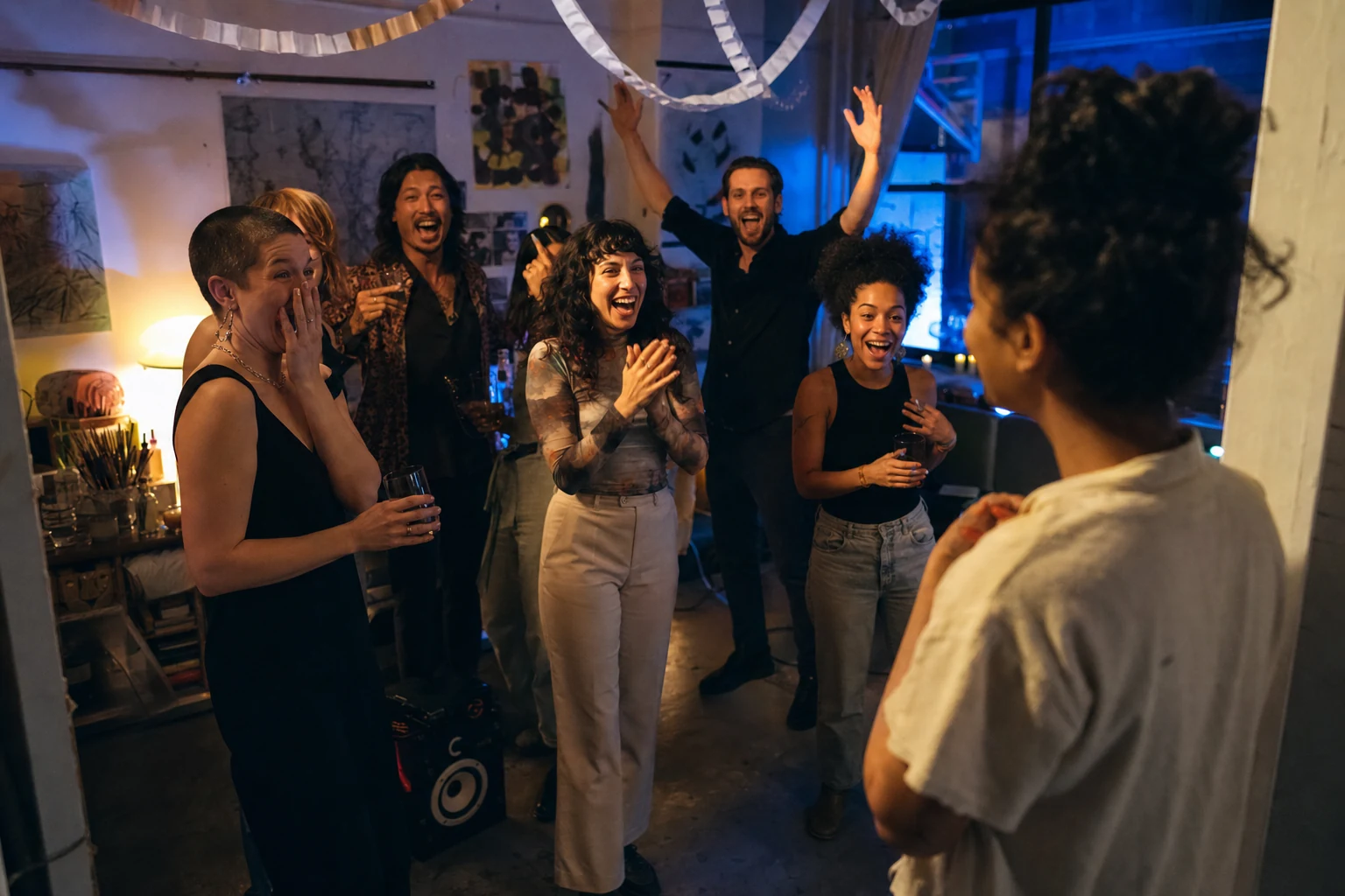 Wide-angle documentary photograph of a room erupting as a surprised guest enters