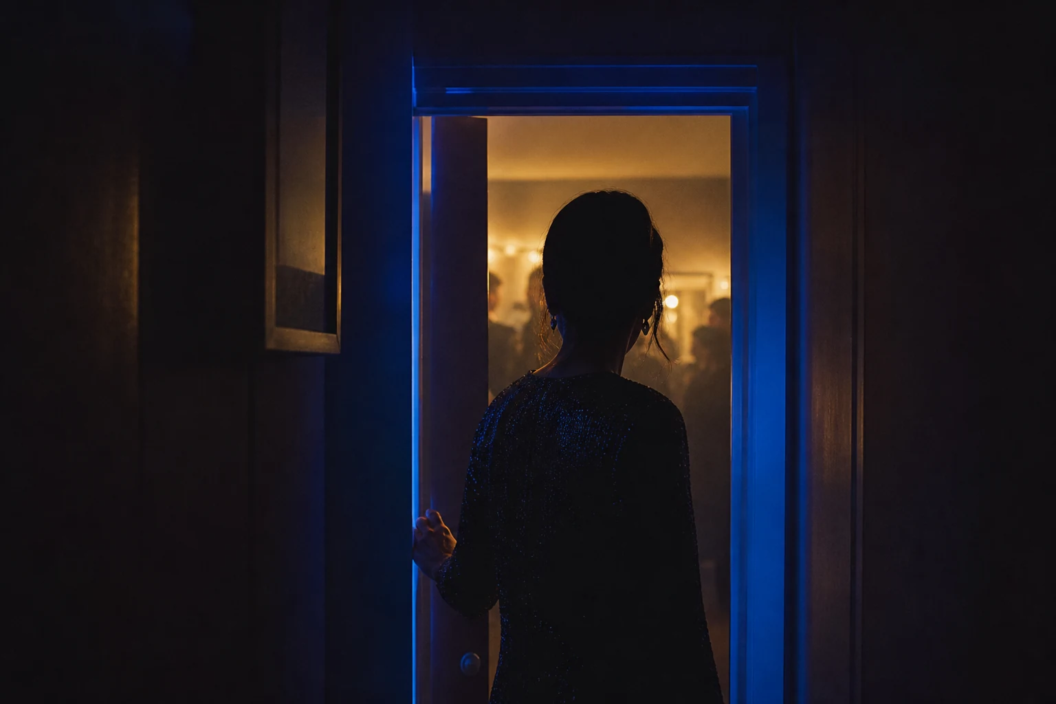 Cinematic backlit doorway moments before a surprise party reveal in electric blue and golden yellow