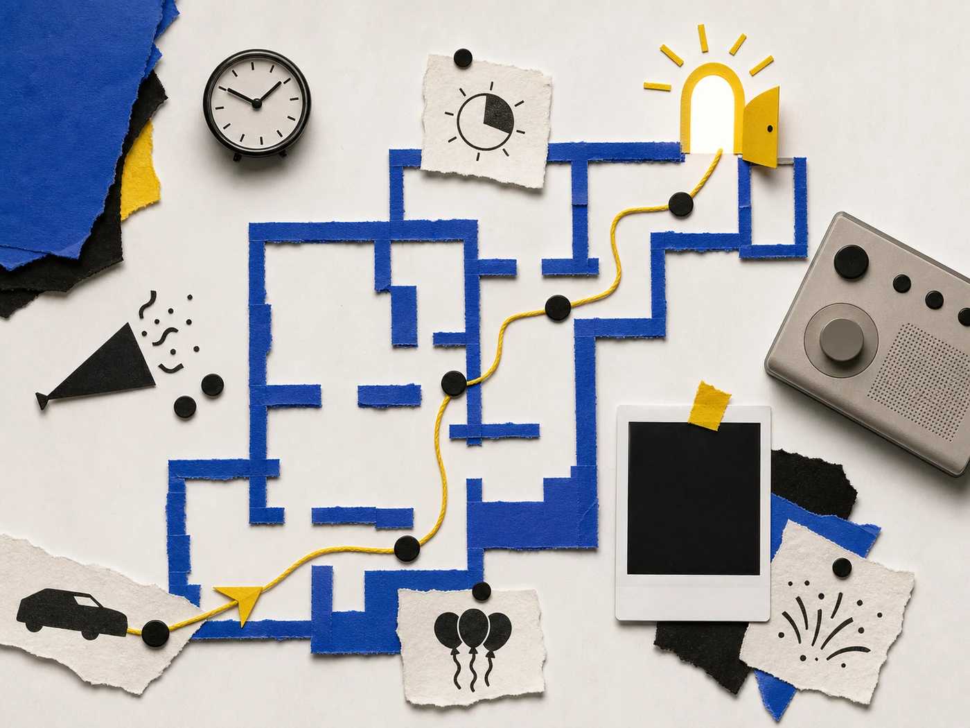 Detective-like collage of blank planning notes, wrapped parcels, route fragments, and a neutral audio device
