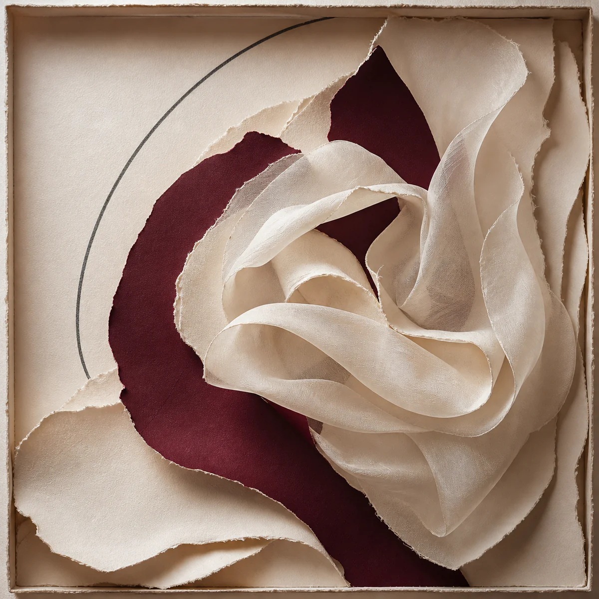 Sculptural folds of ivory organza and deep burgundy paper