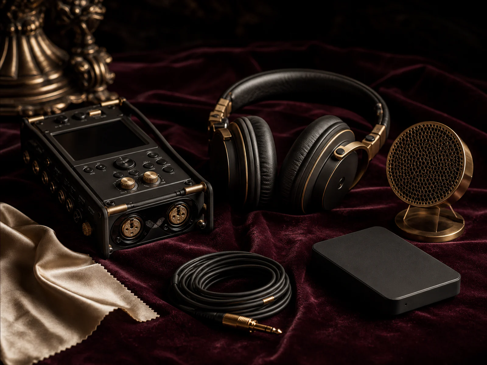 Editorial still life of wedding playback equipment in plum and brass tones