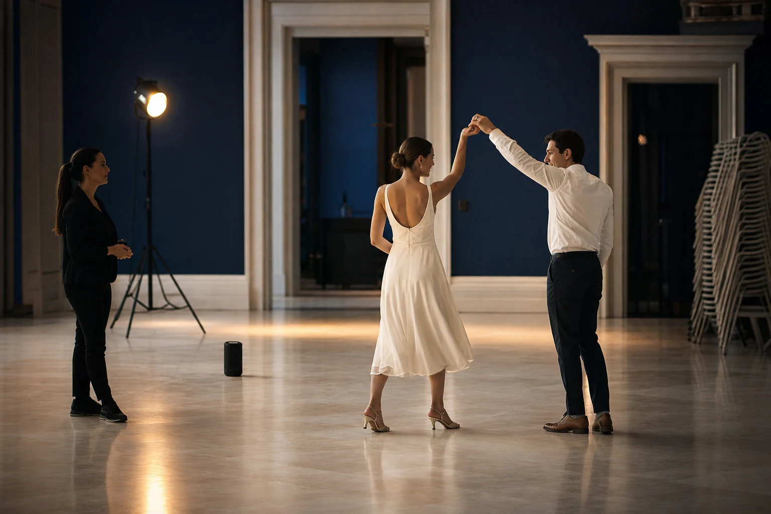 Couple rehearsing a first dance on an empty wedding floor