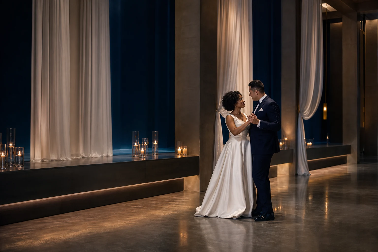 Architectural couture first dance scene in pearl, deep blue, and candle gold