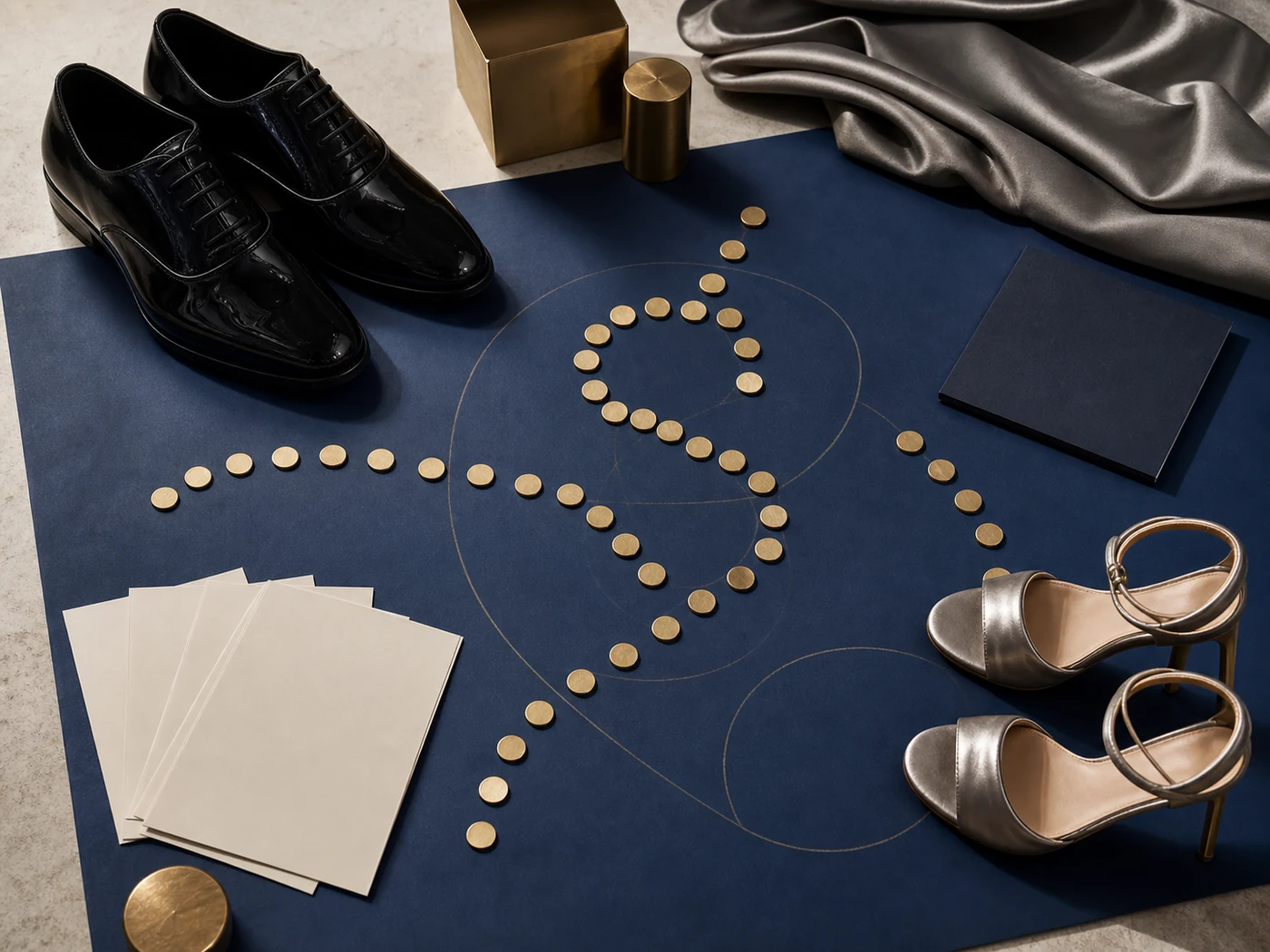 Dance shoes, floor plan, timing cards, and vow objects arranged for a first dance