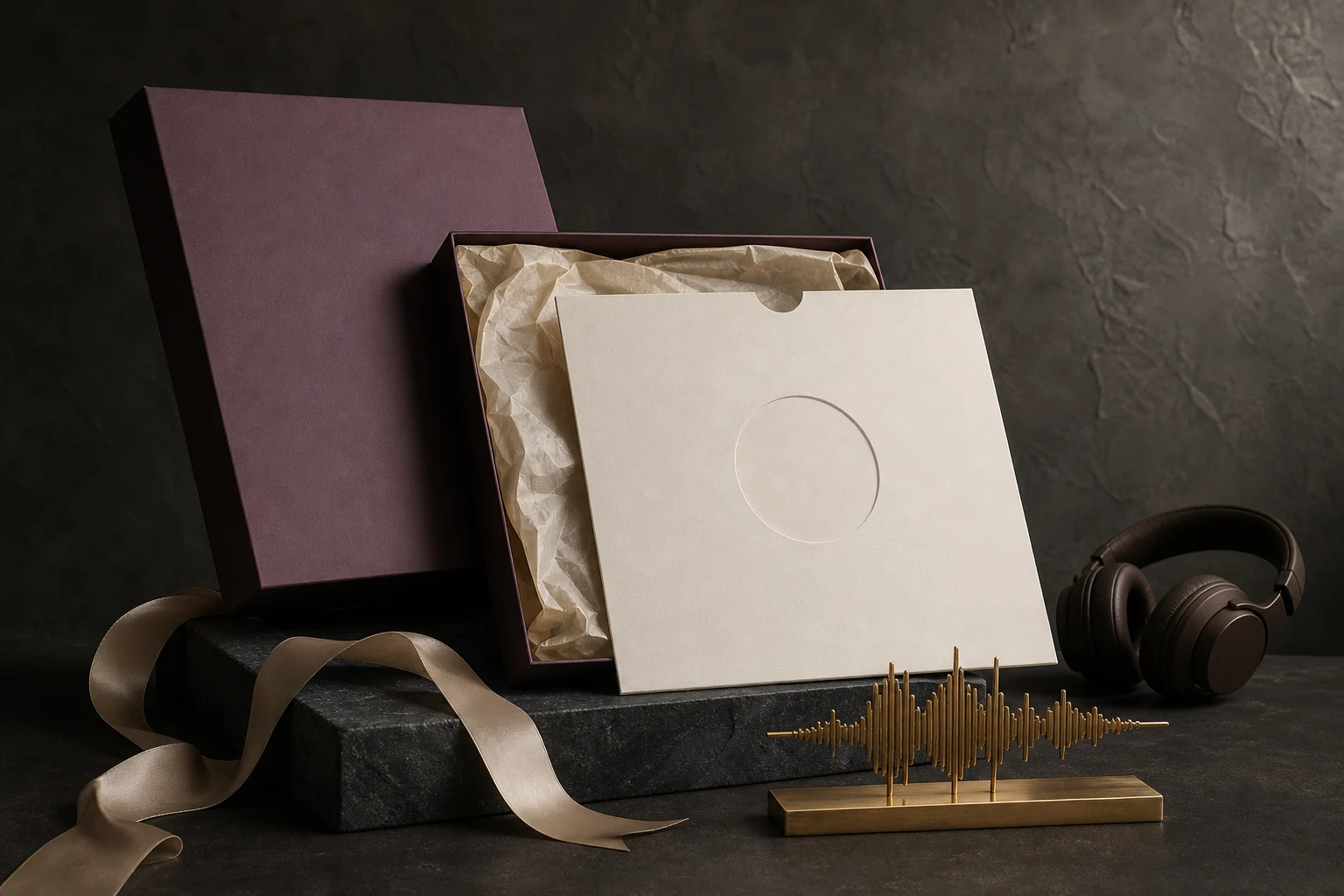 Restrained luxury wedding song gift editorial in champagne, plum, and charcoal
