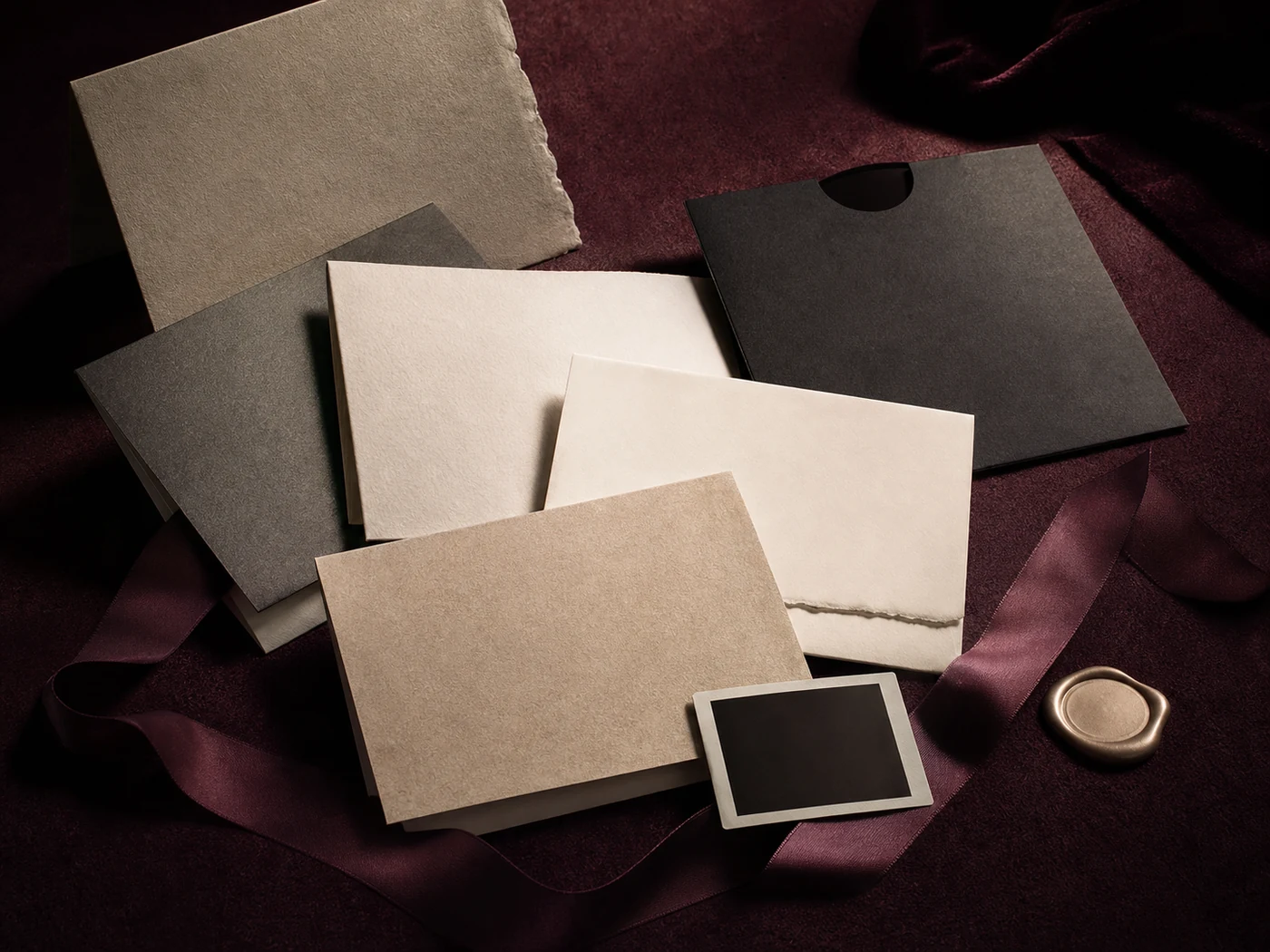 Record sleeve, folded letters, silk ribbon, and a small keepsake box arranged for a wedding gift