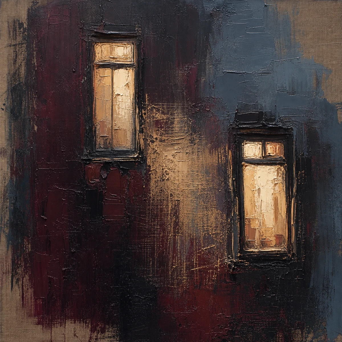 Impasto oil painting of two parallel windows sharing warm interior light