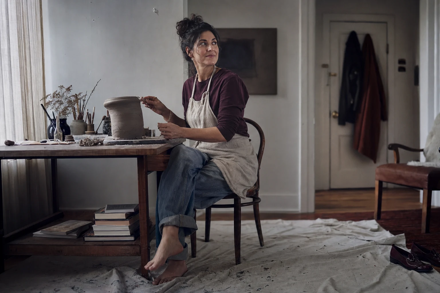 Natural-light editorial portrait of a wife in a lived-in interior with wine and mist-blue tones