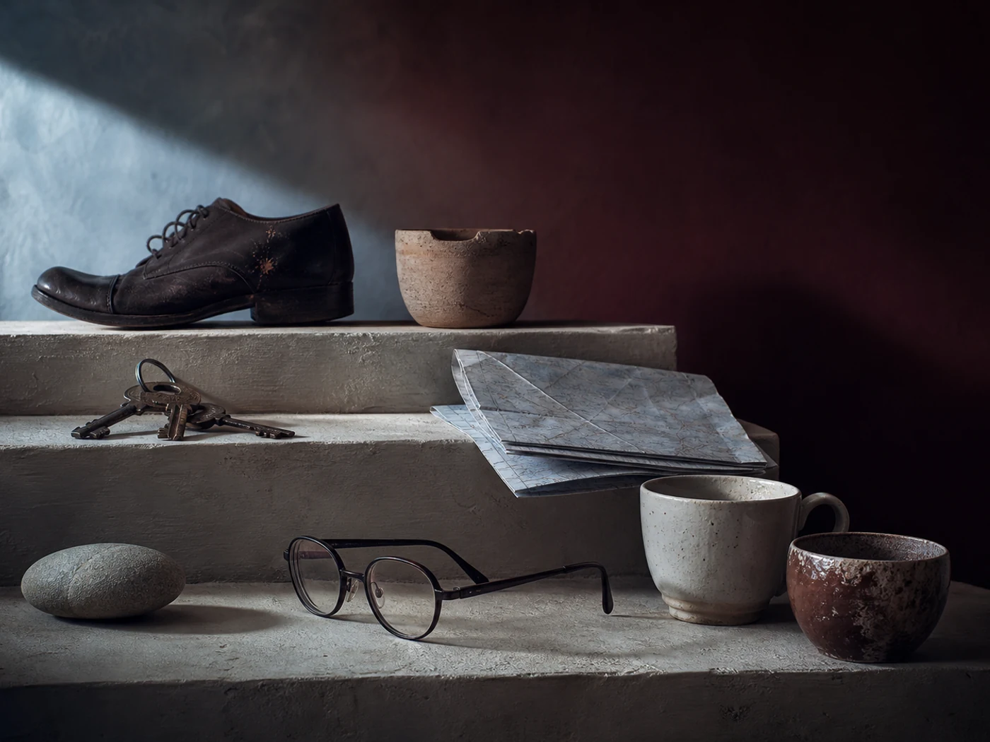 Still life of two people's ordinary married-life objects gathered across years