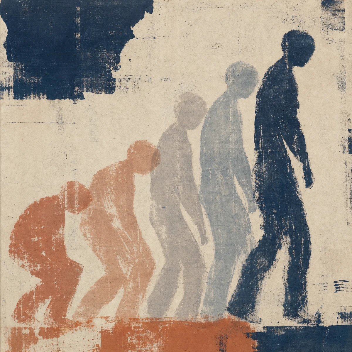 Layered monoprint of one shadow moving through several positions