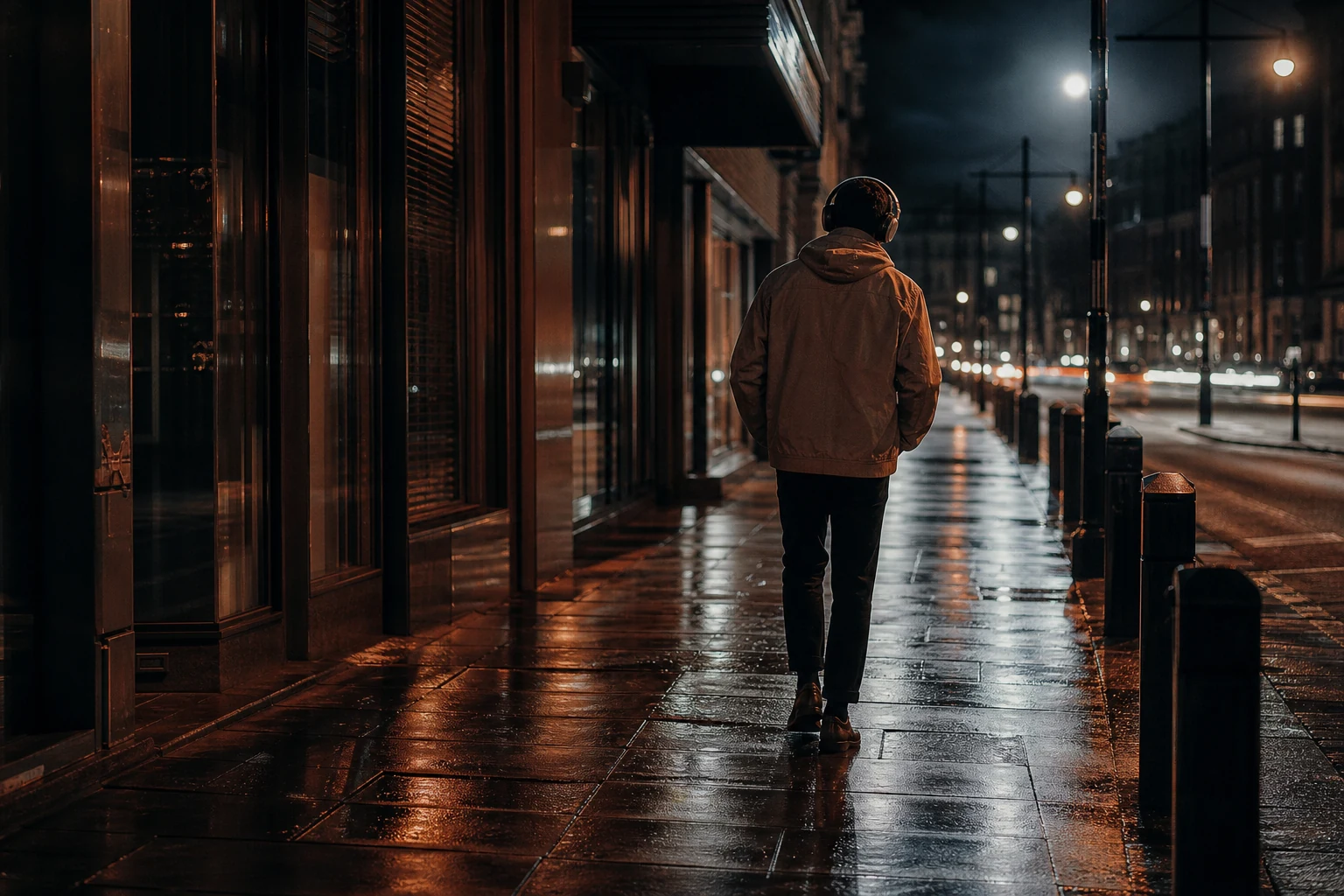 Person listening through headphones while walking alone at night