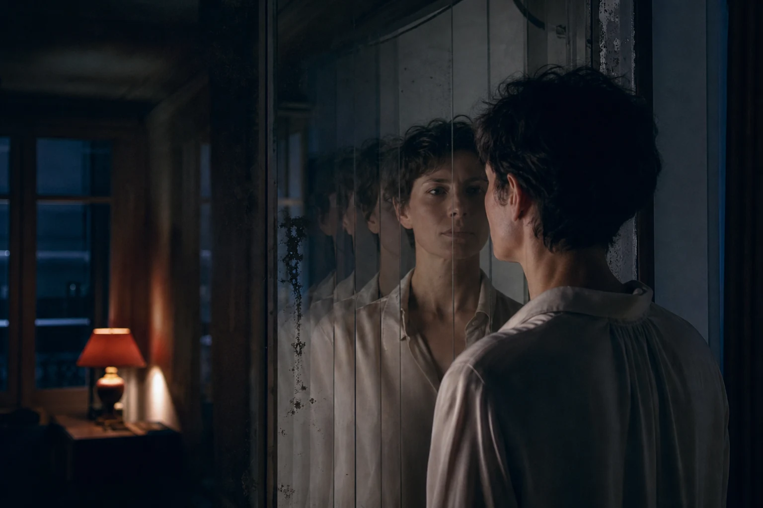 Cinematic mirrored self-portrait in midnight blue, terracotta, and silver