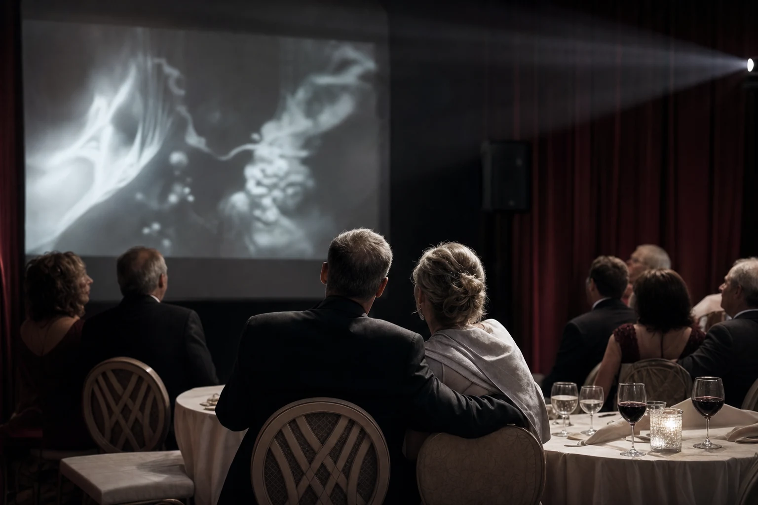 Anniversary gathering watching a carefully edited projection and listening to a song