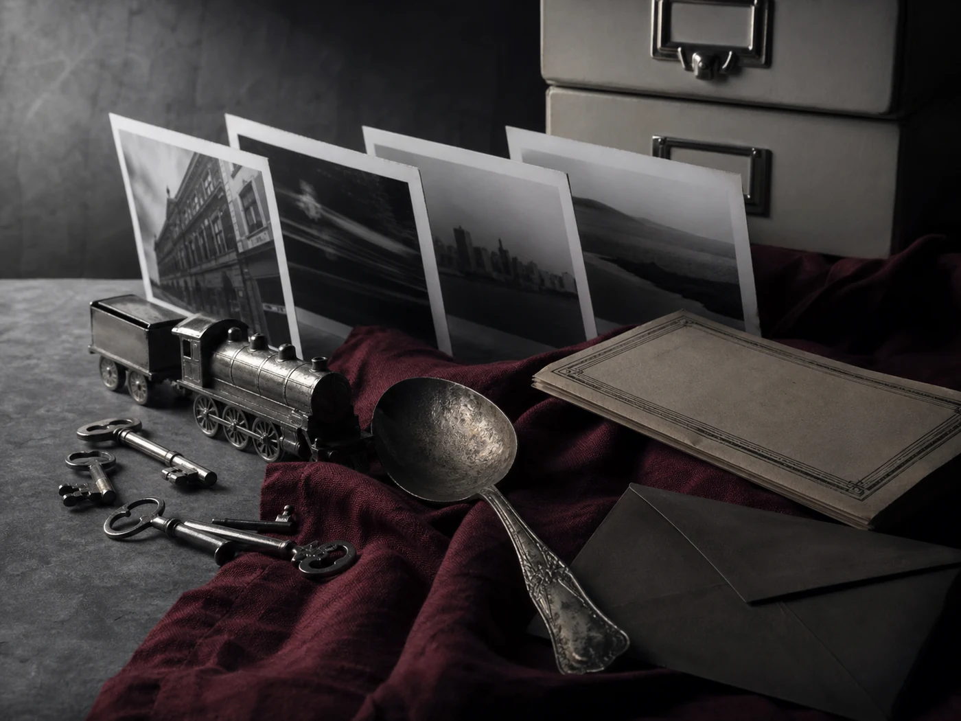 Quarter-century archive of photographs, letters, keys, and ordinary household objects