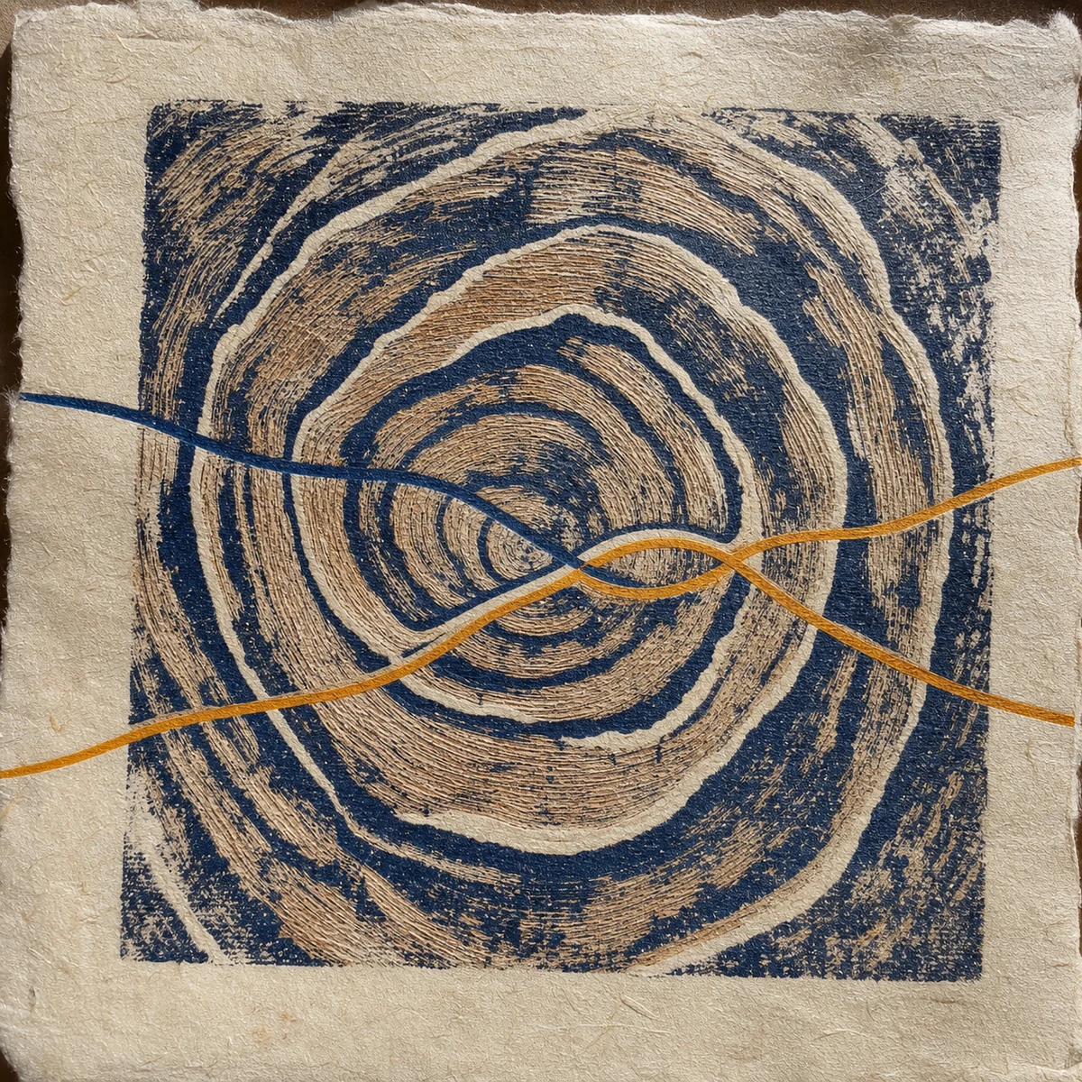 Woodblock print of growth rings crossed by two continuous lines