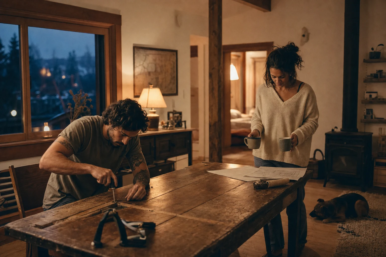 Wood-toned domestic fifth anniversary film scene in indigo, brown, and cream