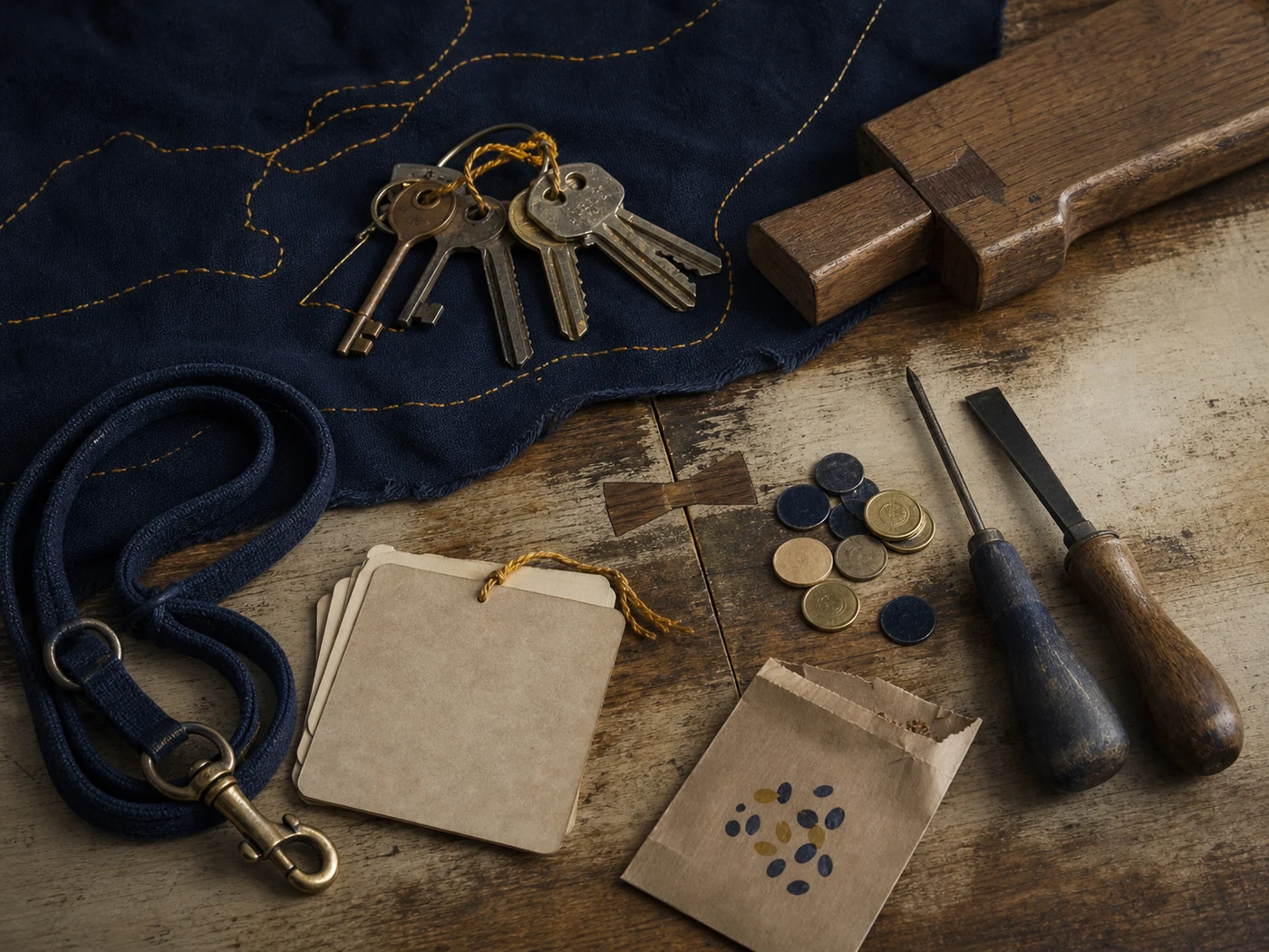 Five-year still life of shared keys, pet objects, recipe notes, tools, and wood grain