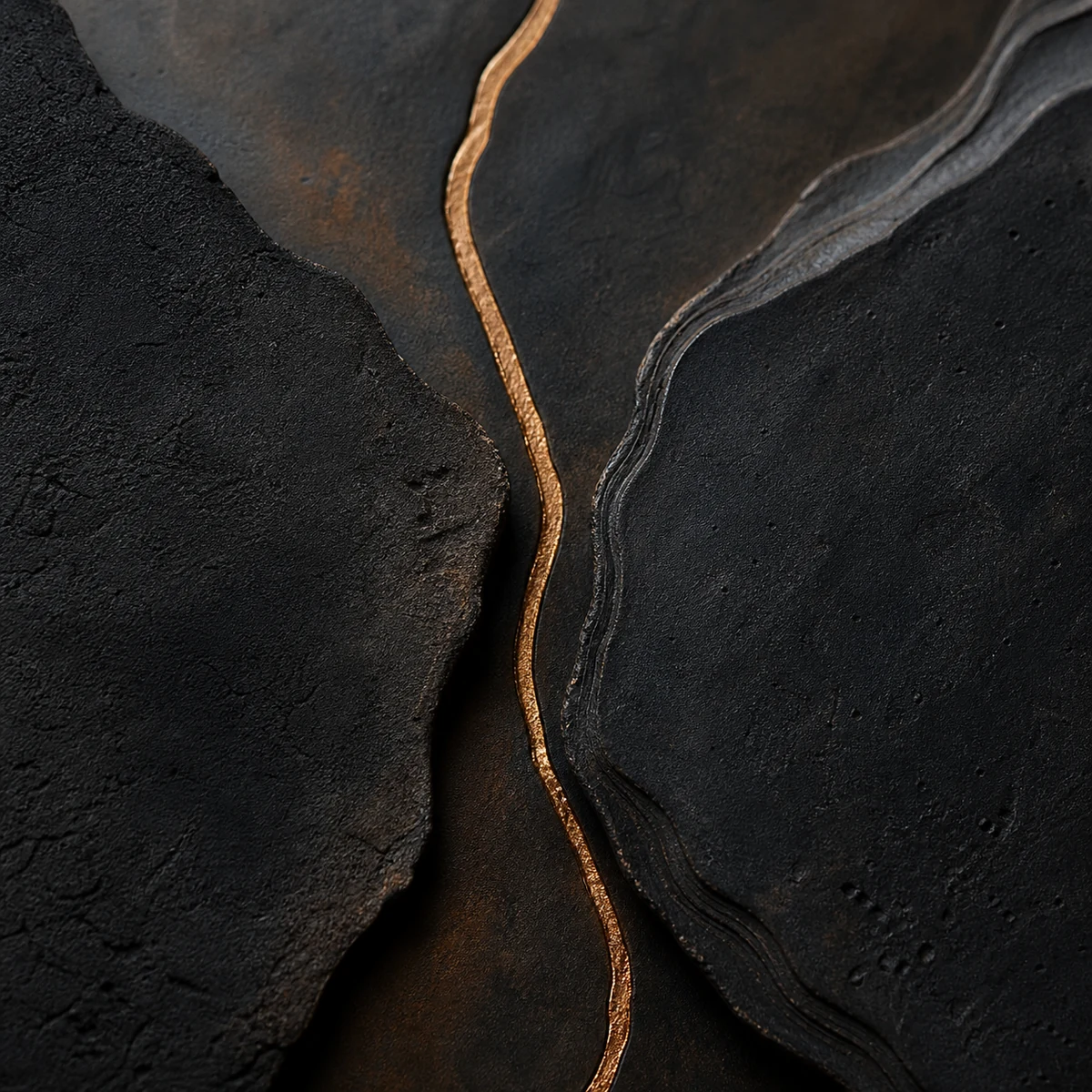 Nonfigurative painting of dark forms joined by a narrow warm metallic seam