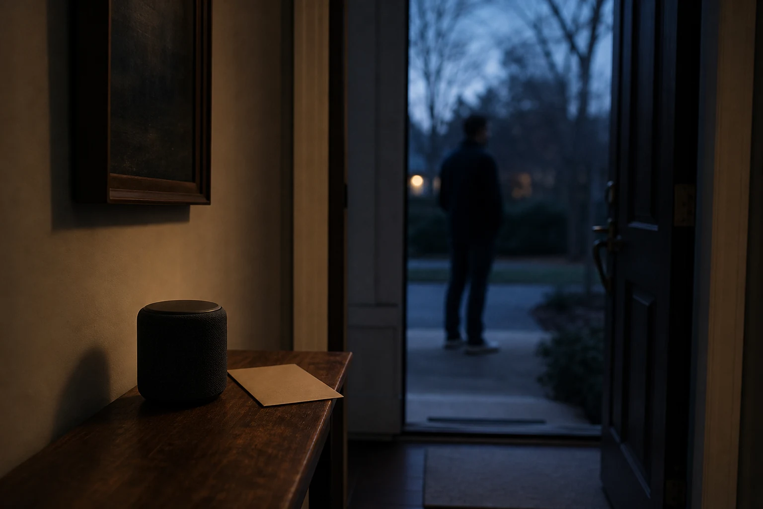 Small speaker and sealed note left privately beside a doorway at night