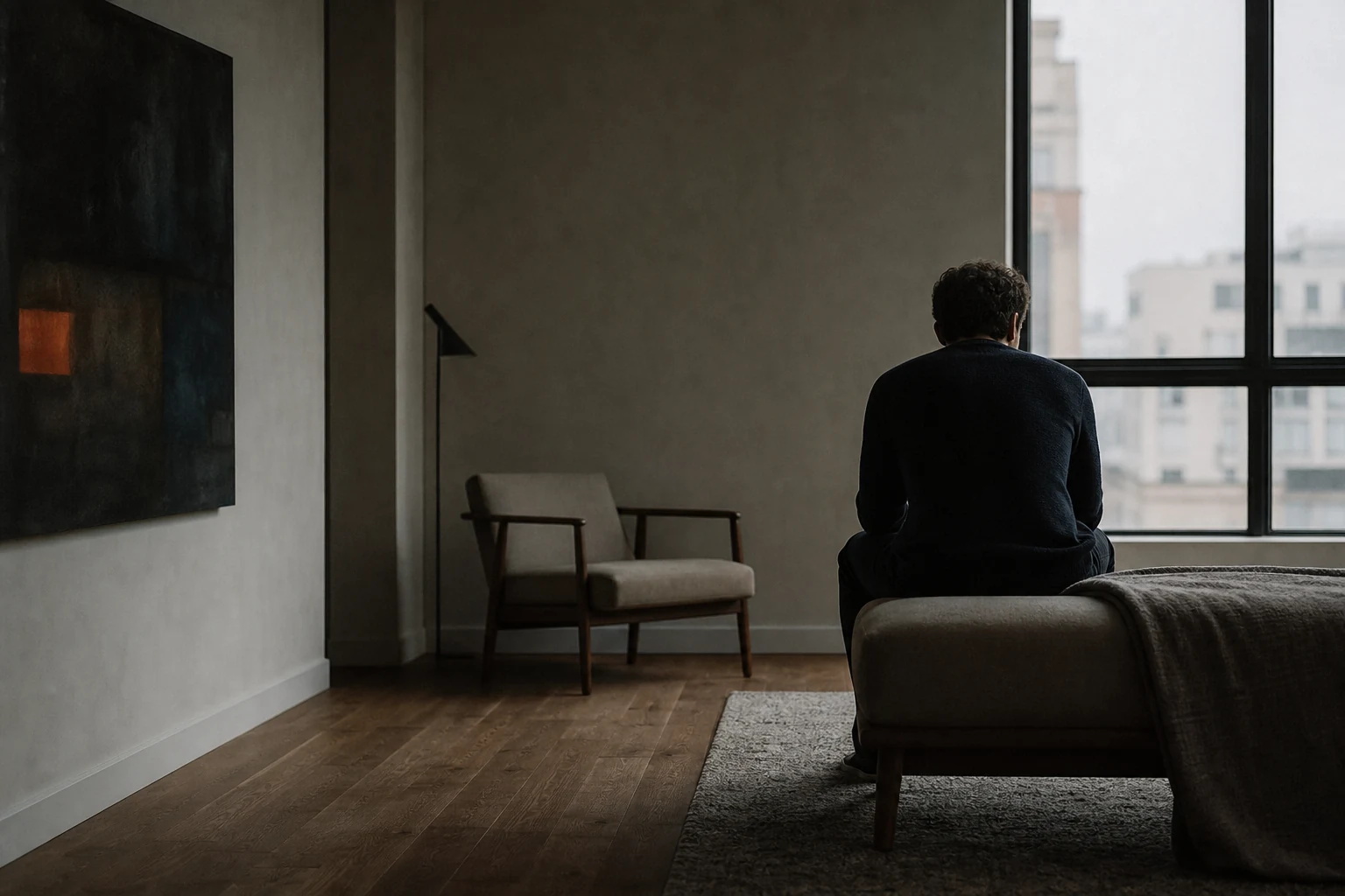 Restrained cinematic interior with two people separated by quiet space in gray blue and smoked brown